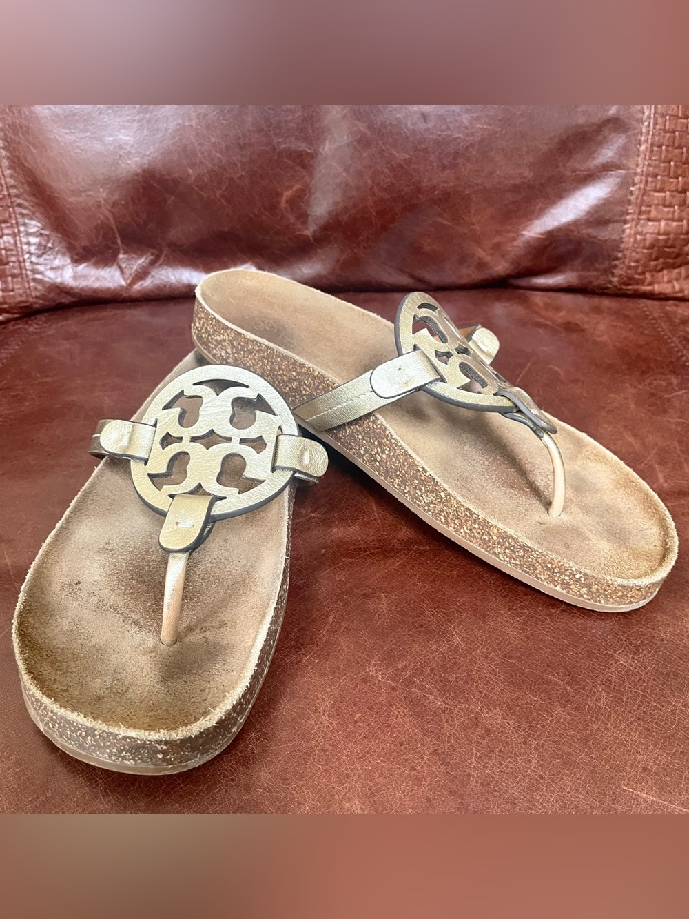 Tory Burch Metallic Silver Logo Cork Wedge Thong Sandals - Picture 8 of 12